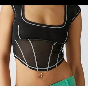 NWT Urban Outfitters Mesh Corset Seam Black Crop Top Size Medium